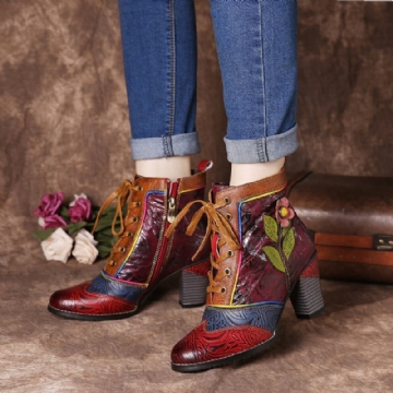 Socofy Bottines À Talons Hauts En Cuir Véritable Gaufré Rétro À Fleurs Roses