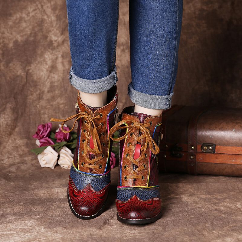 Socofy Bottines À Talons Hauts En Cuir Véritable Gaufré Rétro À Fleurs Roses