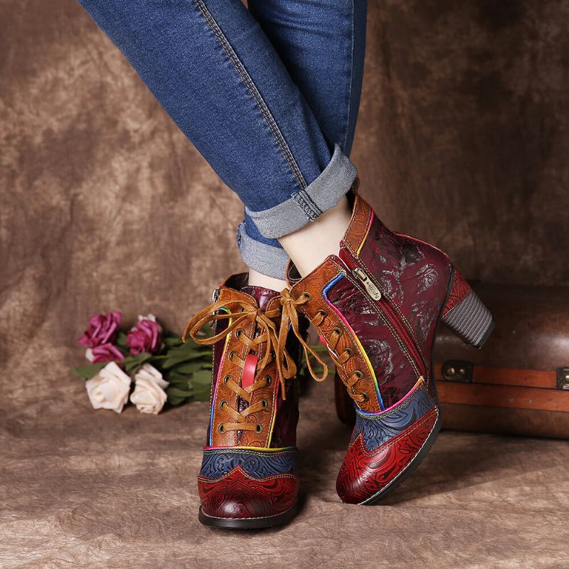 Socofy Bottines À Talons Hauts En Cuir Véritable Gaufré Rétro À Fleurs Roses