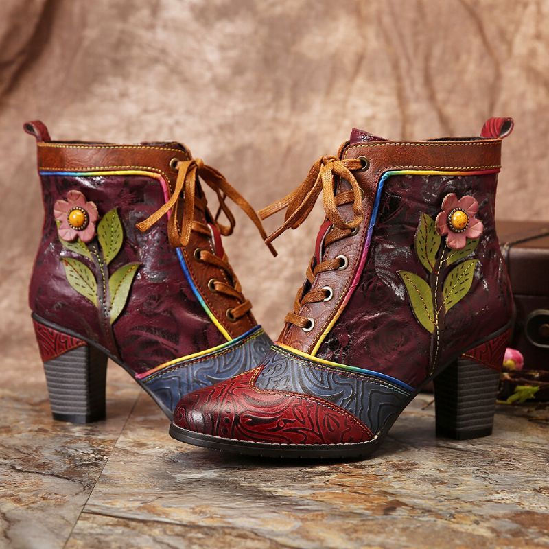 Socofy Bottines À Talons Hauts En Cuir Véritable Gaufré Rétro À Fleurs Roses