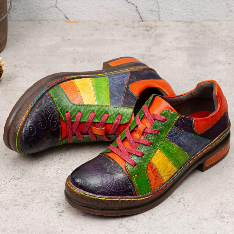 Socofy Casual Lace Up Rainbow Print Stitching Mocassins Chaussures Chaussures Plates Confortables En Cuir Pour Femmes