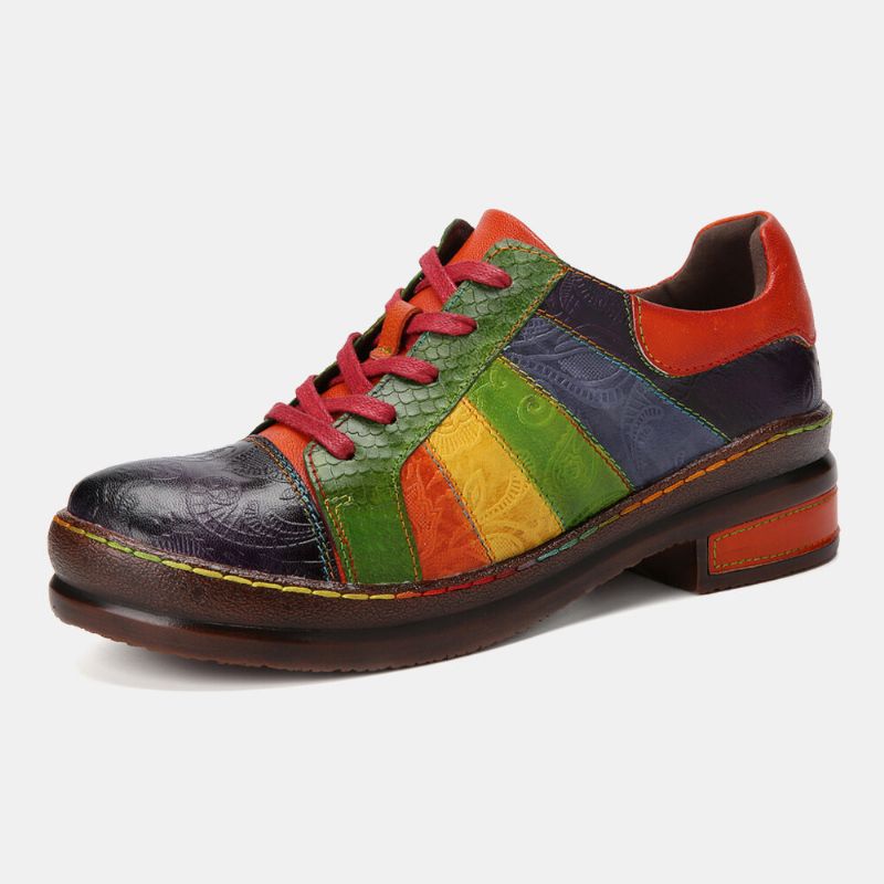 Socofy Casual Lace Up Rainbow Print Stitching Mocassins Chaussures Chaussures Plates Confortables En Cuir Pour Femmes