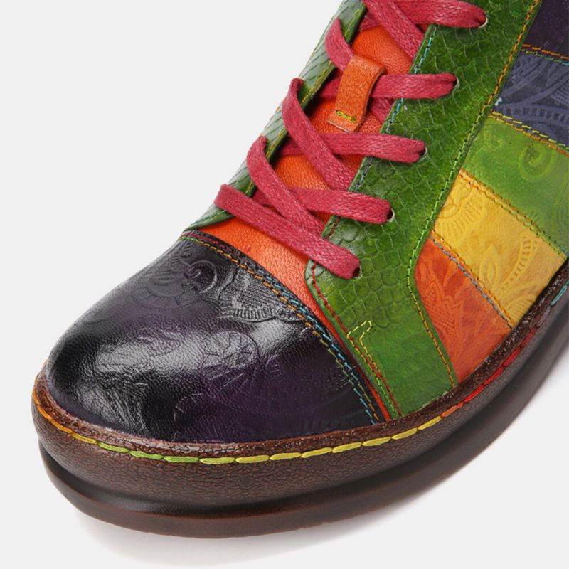 Socofy Casual Lace Up Rainbow Print Stitching Mocassins Chaussures Chaussures Plates Confortables En Cuir Pour Femmes