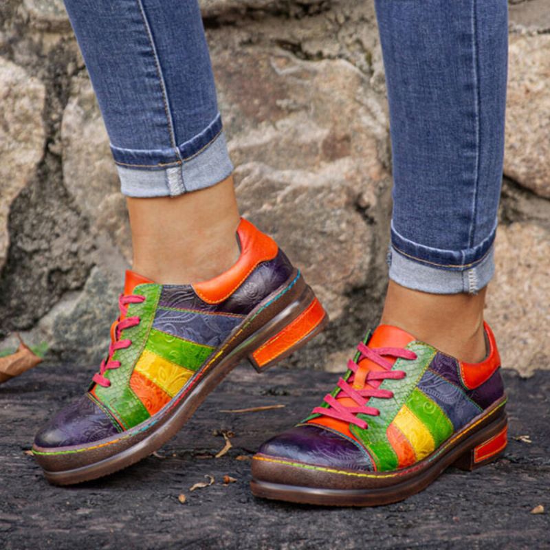 Socofy Casual Lace Up Rainbow Print Stitching Mocassins Chaussures Chaussures Plates Confortables En Cuir Pour Femmes