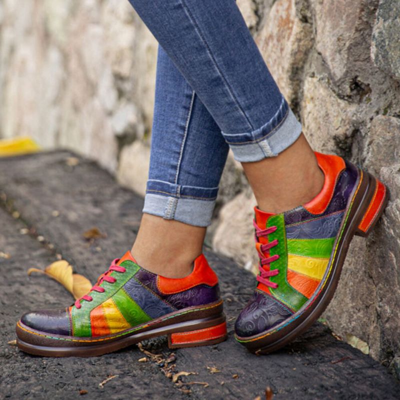 Socofy Casual Lace Up Rainbow Print Stitching Mocassins Chaussures Chaussures Plates Confortables En Cuir Pour Femmes