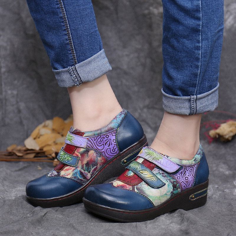 Socofy Chaussures Plates Confortables En Cuir Véritable Gaufrées De Fleurs Colorées Rétro