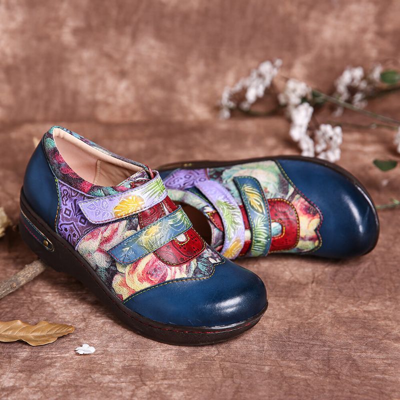 Socofy Chaussures Plates Confortables En Cuir Véritable Gaufrées De Fleurs Colorées Rétro