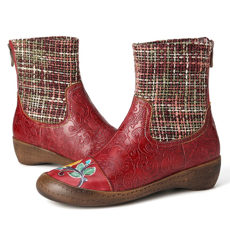 Socofy Check Woolen Splicing Floral Embossed Bottines Plates En Cuir Véritable