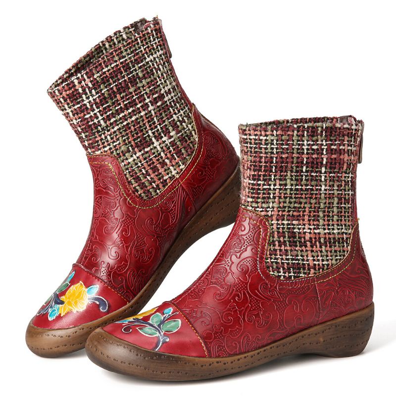 Socofy Check Woolen Splicing Floral Embossed Bottines Plates En Cuir Véritable