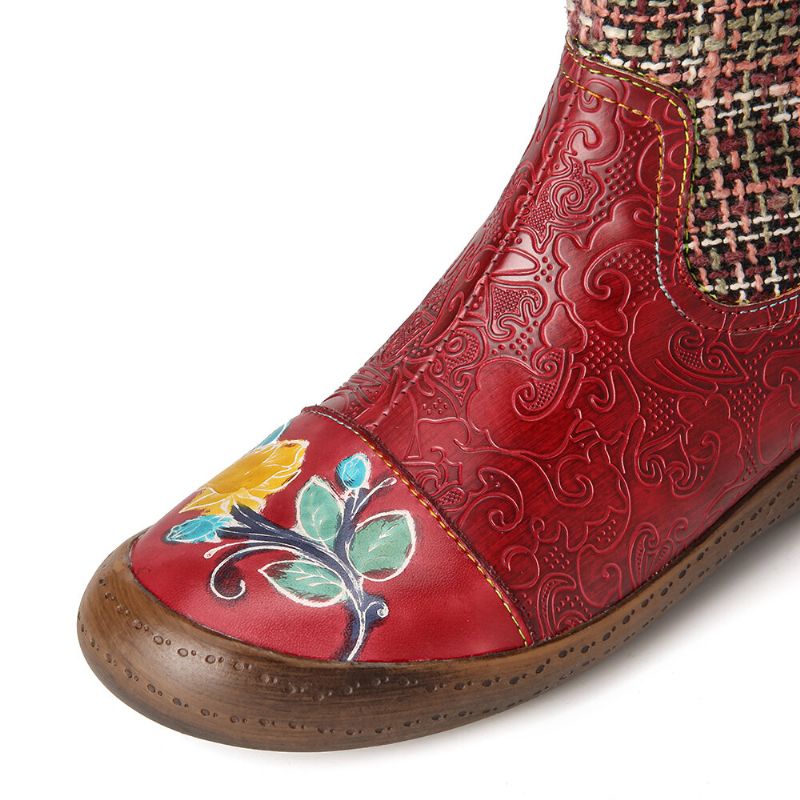 Socofy Check Woolen Splicing Floral Embossed Bottines Plates En Cuir Véritable