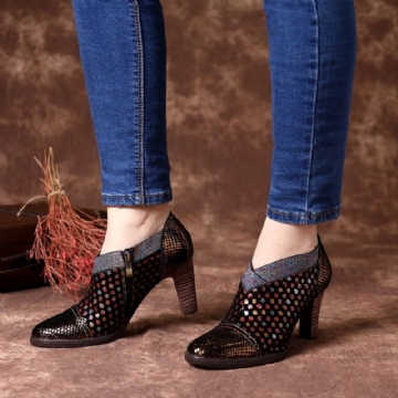 Socofy Comfy En Cuir Véritable Coloré Wave Dot Stitching Zipper High Heel Pumps