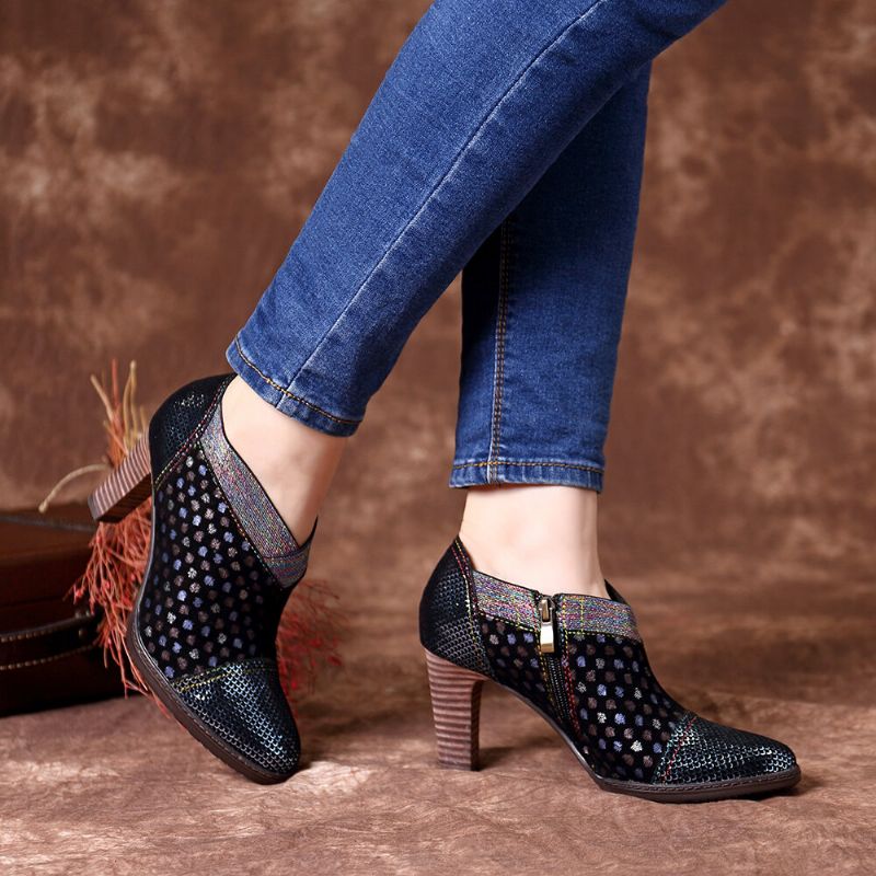 Socofy Comfy En Cuir Véritable Coloré Wave Dot Stitching Zipper High Heel Pumps