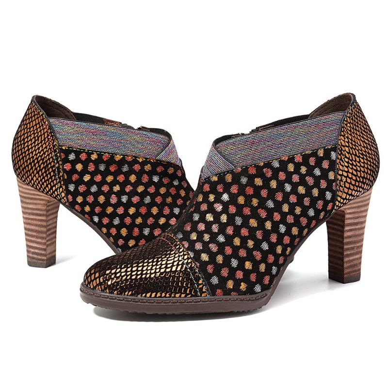 Socofy Comfy En Cuir Véritable Coloré Wave Dot Stitching Zipper High Heel Pumps