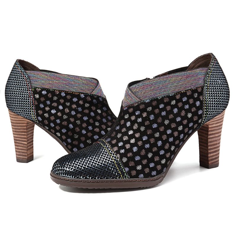 Socofy Comfy En Cuir Véritable Coloré Wave Dot Stitching Zipper High Heel Pumps