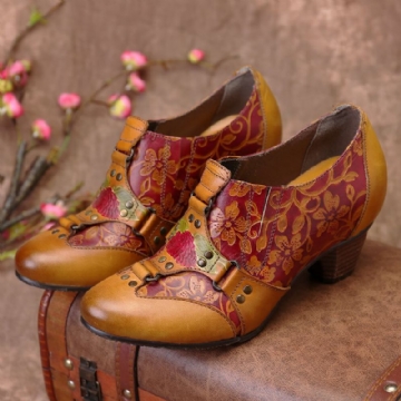 Socofy Cowgirl Motif De Fleurs Rétro Peint À La Main Rivet En Cuir Véritable Talon Bas Escarpins À Enfiler