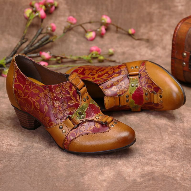 Socofy Cowgirl Motif De Fleurs Rétro Peint À La Main Rivet En Cuir Véritable Talon Bas Escarpins À Enfiler