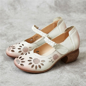 Socofy Cuir Découpé Floral Tressé Bride Cheville Réglable Talon Chunky Escarpins D'orsay