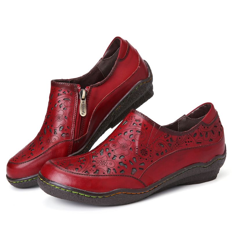 Socofy Cuir Découpes Florales Glissière Latérale Mocassins Chaussures Plates Antidérapantes