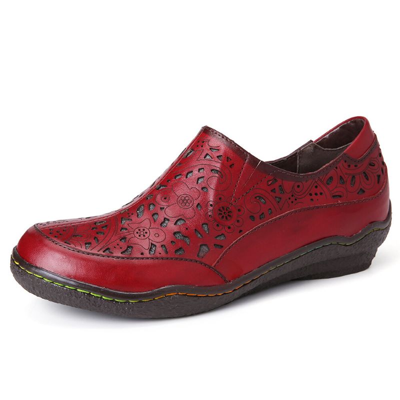 Socofy Cuir Découpes Florales Glissière Latérale Mocassins Chaussures Plates Antidérapantes