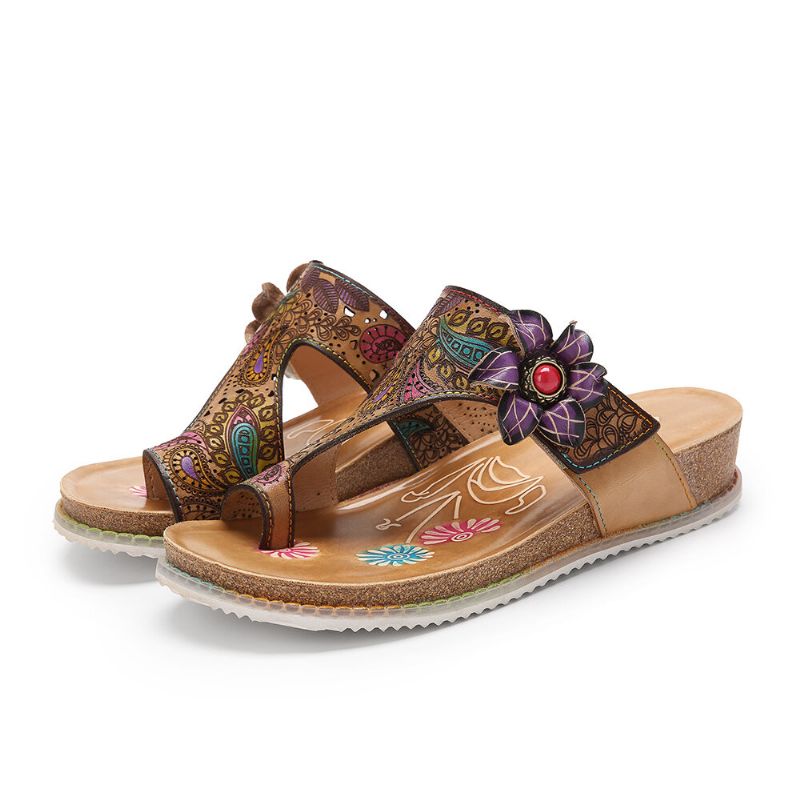 Socofy Cuir Ethnique Floral Liège Semelle Compensée Pouce Chaussons