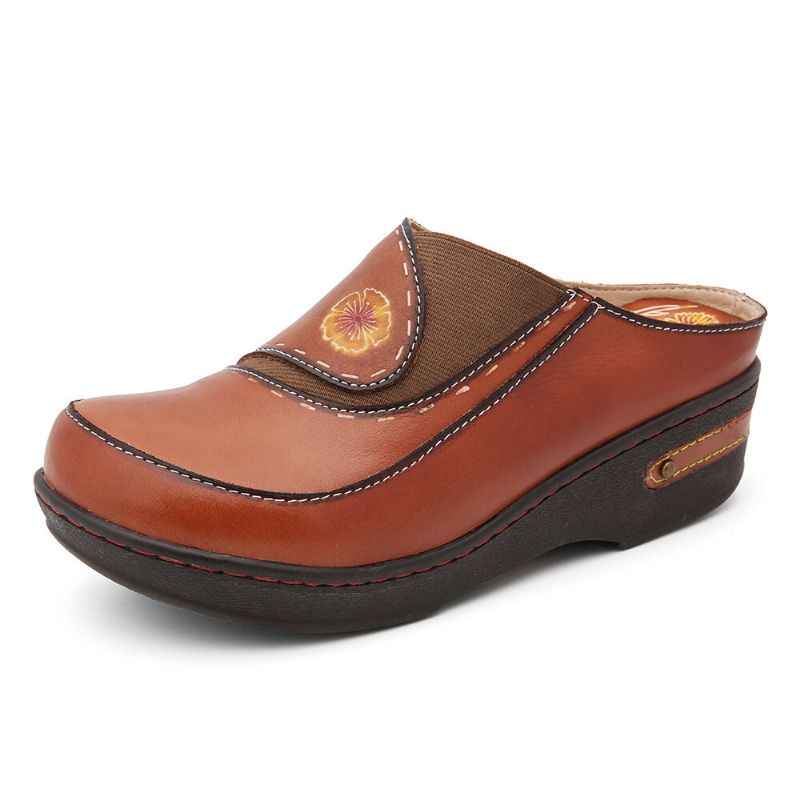 Socofy Cuir Fleur Épissage Élastique Mules Slip-on Sabots Sandales Compensées Antidérapantes