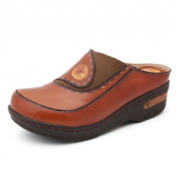 Socofy Cuir Fleur Épissage Élastique Mules Slip-on Sabots Sandales Compensées Antidérapantes