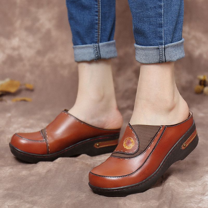 Socofy Cuir Fleur Épissage Élastique Mules Slip-on Sabots Sandales Compensées Antidérapantes