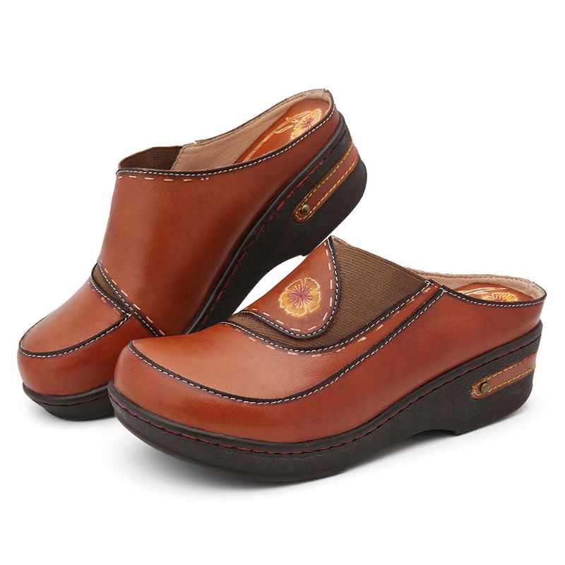 Socofy Cuir Fleur Épissage Élastique Mules Slip-on Sabots Sandales Compensées Antidérapantes