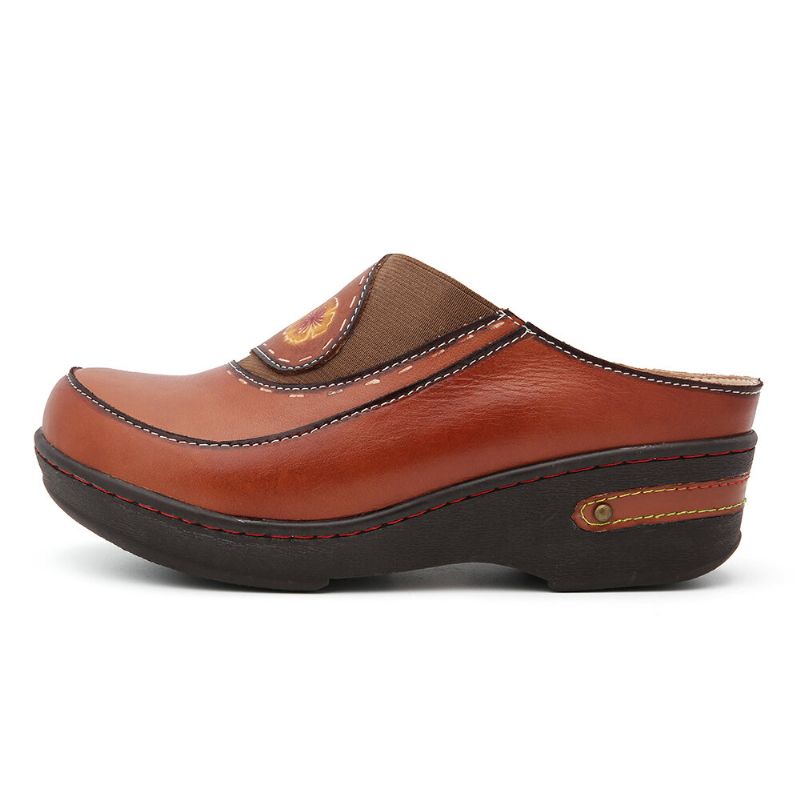 Socofy Cuir Fleur Épissage Élastique Mules Slip-on Sabots Sandales Compensées Antidérapantes