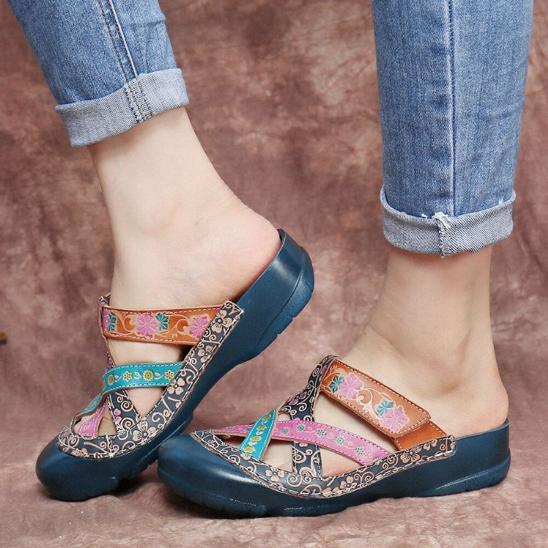 Socofy Cuir Floral Entrecroisé Sangle Réglable Mules Slip-on Sabots Sandales Plates