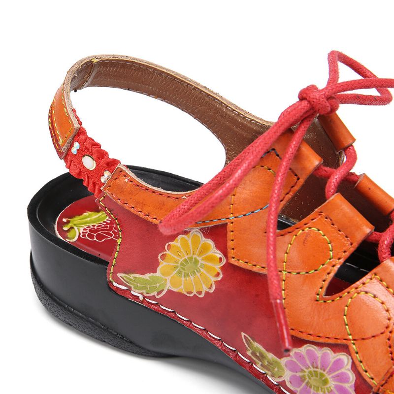 Socofy Cuir Floral Splicing Cutout Stitching Lace Up Slingback Mules Sabots Sandales Plates