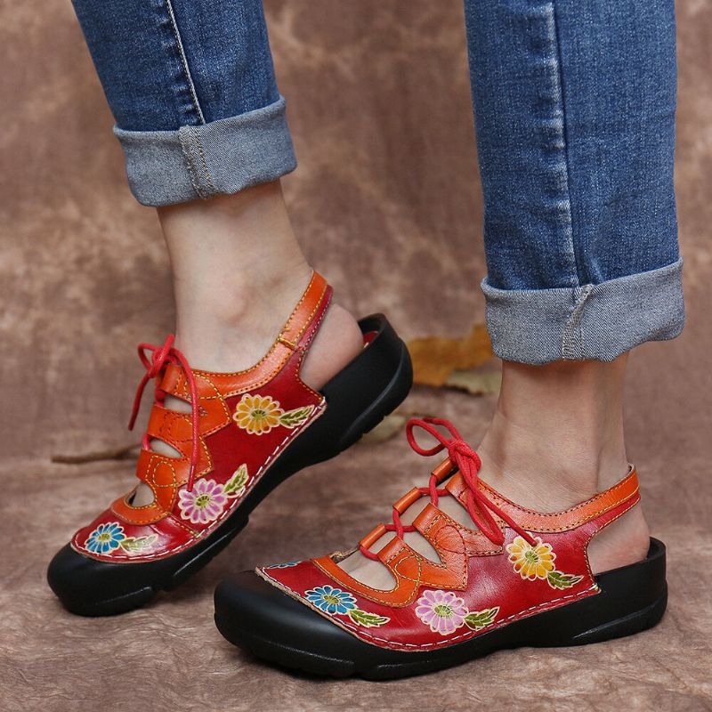 Socofy Cuir Floral Splicing Cutout Stitching Lace Up Slingback Mules Sabots Sandales Plates