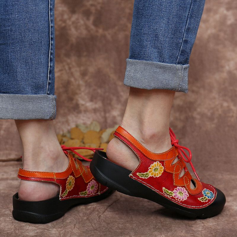 Socofy Cuir Floral Splicing Cutout Stitching Lace Up Slingback Mules Sabots Sandales Plates