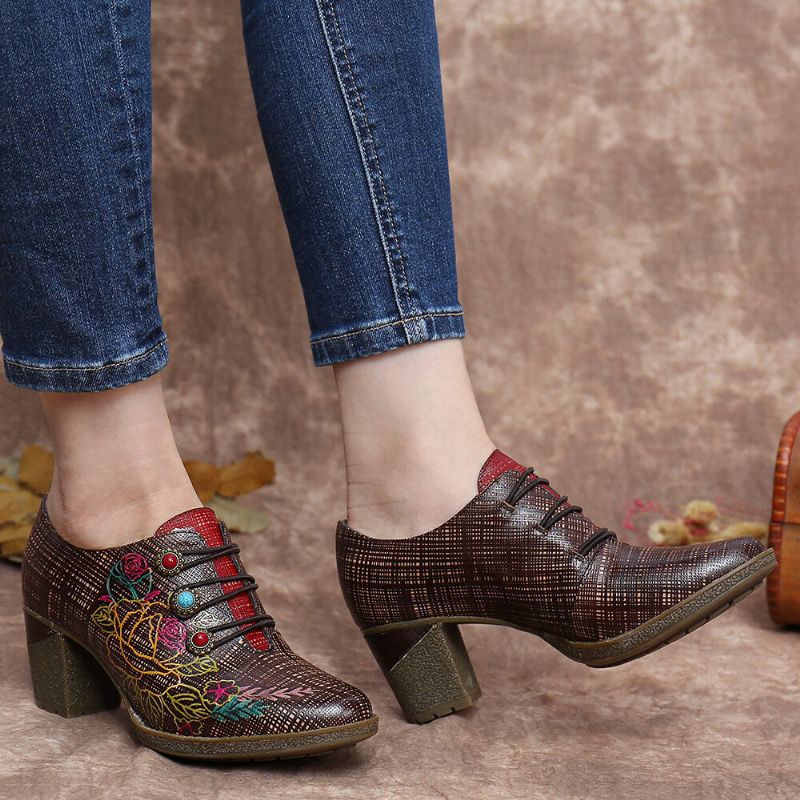 Socofy Cuir Plaid Perlé Floral Cordes Élastiques Bloc Talon Escarpins Chaussures Habillées