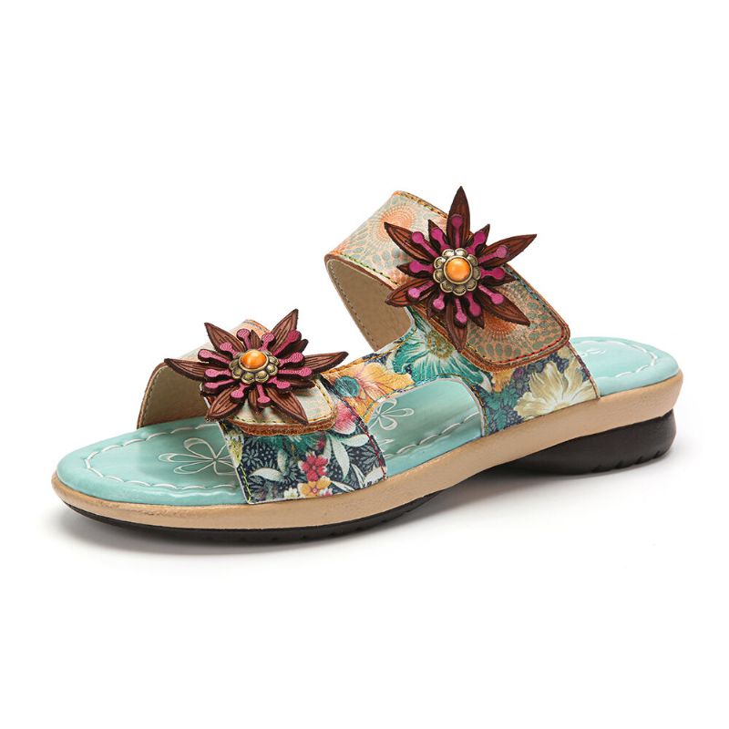 Socofy Cuir Véritable Confortable Halcyon Plage Vacances Bohemian Ethnic Floral Decor Slide Sandals