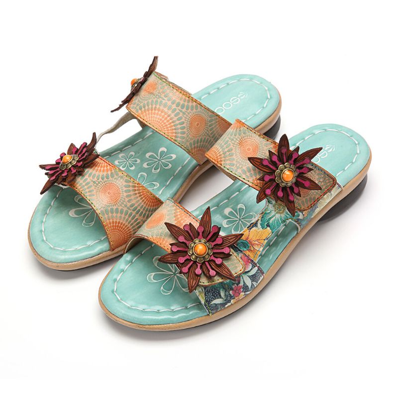 Socofy Cuir Véritable Confortable Halcyon Plage Vacances Bohemian Ethnic Floral Decor Slide Sandals