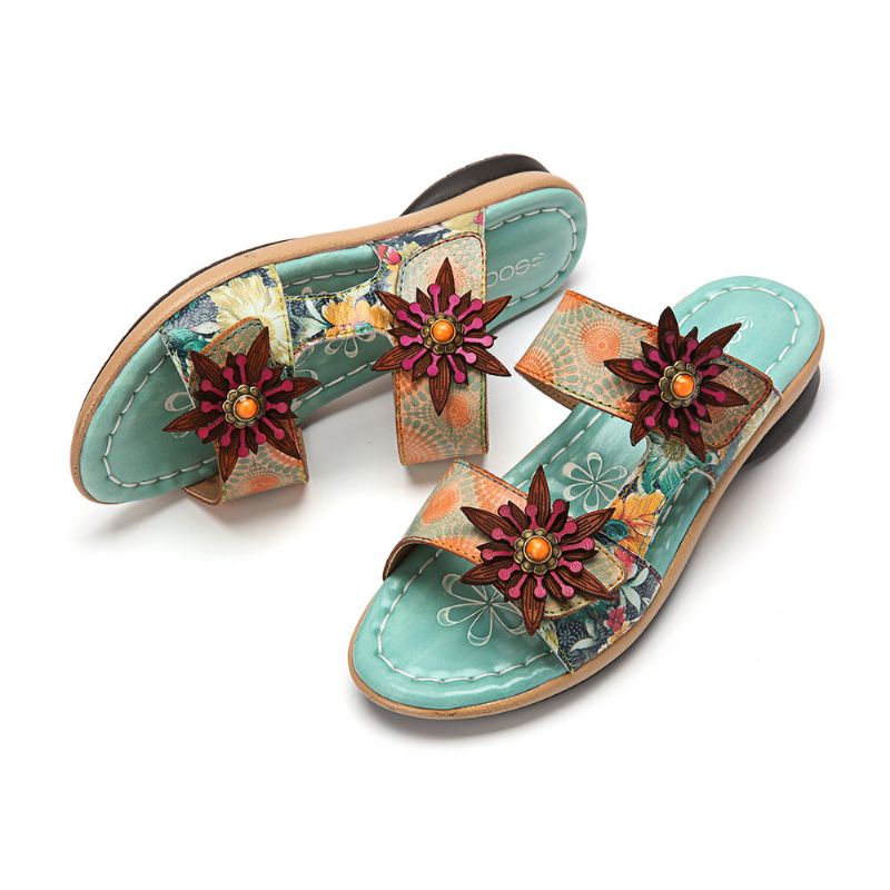 Socofy Cuir Véritable Confortable Halcyon Plage Vacances Bohemian Ethnic Floral Decor Slide Sandals