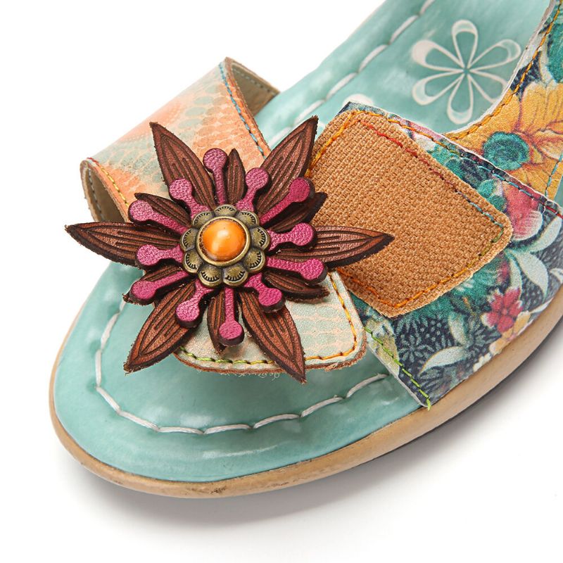 Socofy Cuir Véritable Confortable Halcyon Plage Vacances Bohemian Ethnic Floral Decor Slide Sandals