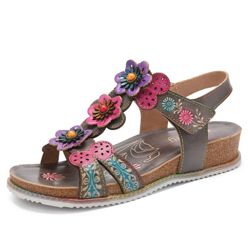 Socofy En Cuir Véritable Confortable Vacances D'été Bohème Ethnique Floral Crochet Boucle T-strap Sandales Compensées