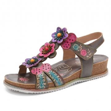 Socofy En Cuir Véritable Confortable Vacances D'été Bohème Ethnique Floral Crochet Boucle T-strap Sandales Compensées