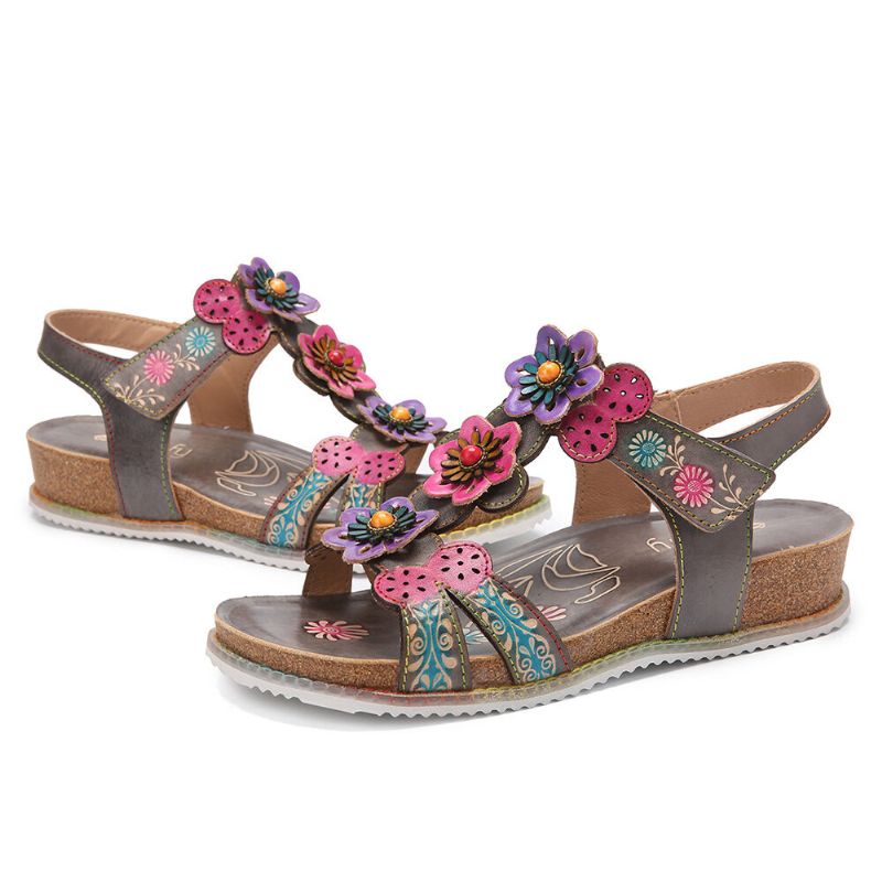 Socofy En Cuir Véritable Confortable Vacances D'été Bohème Ethnique Floral Crochet Boucle T-strap Sandales Compensées