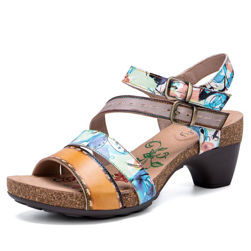 Socofy Cuir Véritable Décontracté Bohème Ethnique Floral Imprimé Colorblock Confortable Sandales À Talons