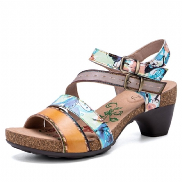 Socofy Cuir Véritable Décontracté Bohème Ethnique Floral Imprimé Colorblock Confortable Sandales À Talons