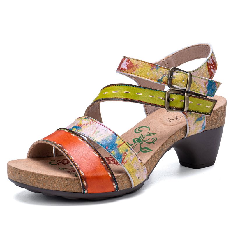 Socofy Cuir Véritable Décontracté Bohème Ethnique Floral Imprimé Colorblock Confortable Sandales À Talons