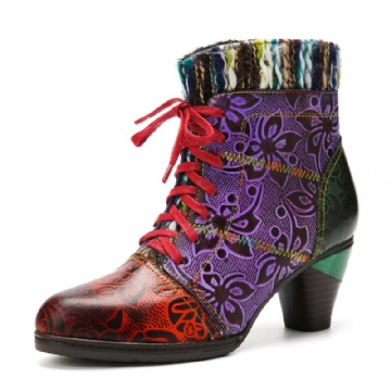 Socofy Cuir Véritable Épissage Laine Design Floral Colorblock Side-zip Comfy Chunky Heel Short Boots