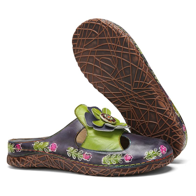 Socofy Cuir Véritable Fabriqué À La Main Rétro Ethnique Floral Agrémenté Slip-on Confortable Pantoufles À Bout Fermé