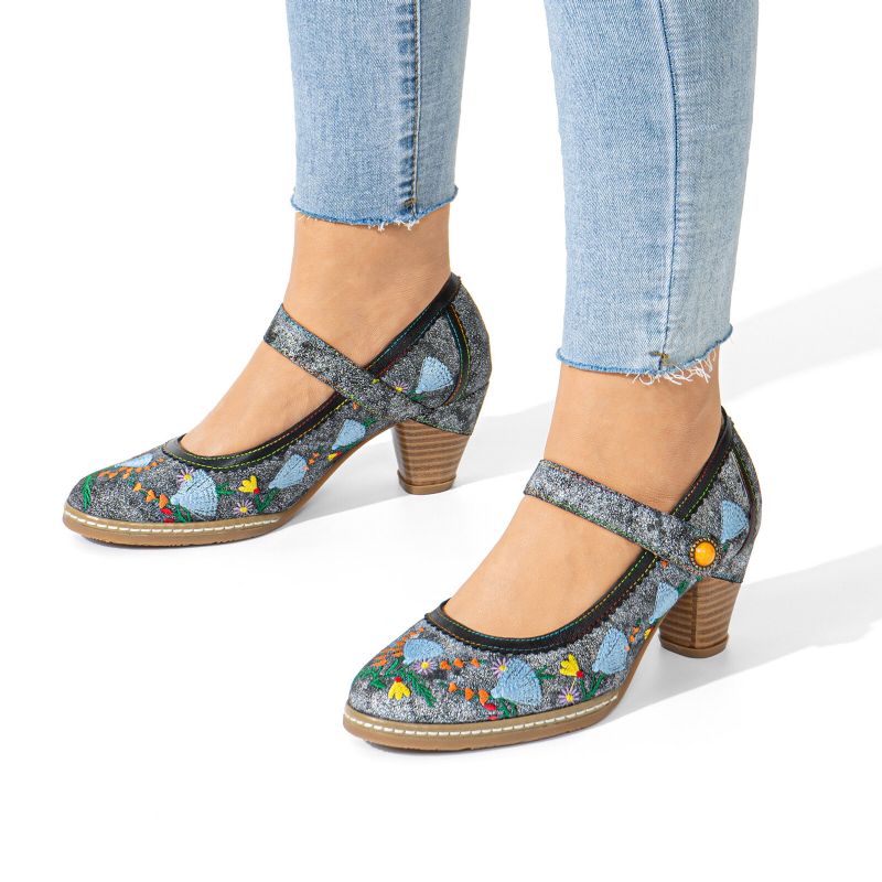 Socofy Cuir Véritable Rétro Broderie Floral Confortable Mary Jane Talons