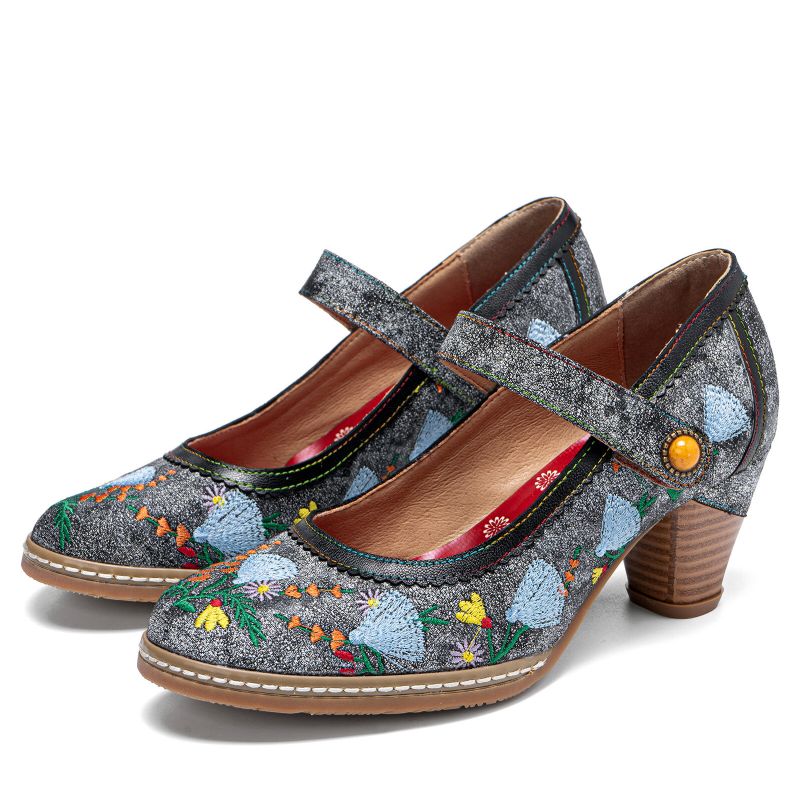 Socofy Cuir Véritable Rétro Broderie Floral Confortable Mary Jane Talons