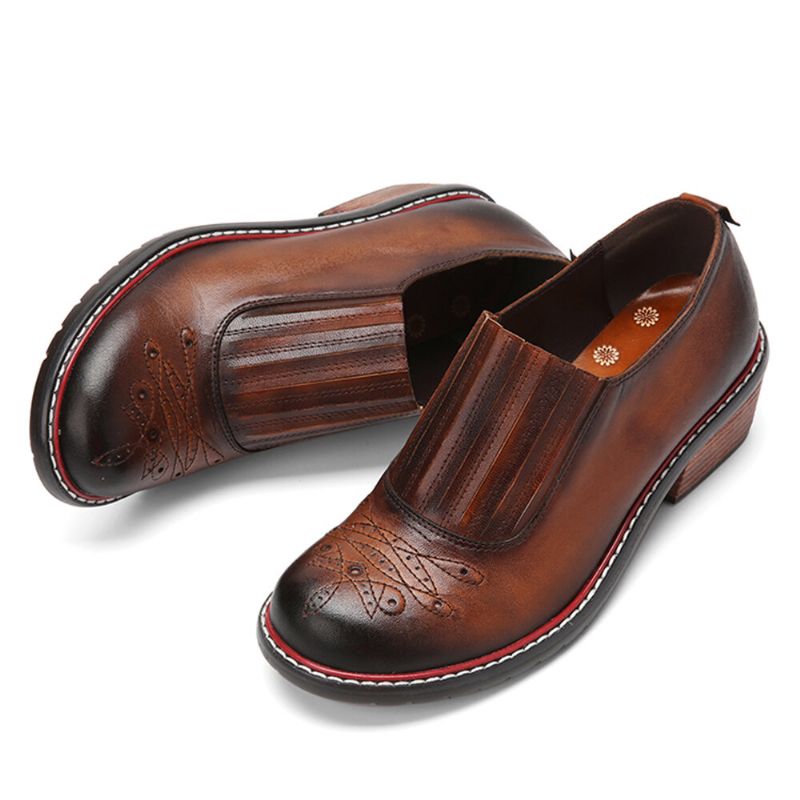 Socofy Cuir Véritable Rétro Confortable Élastique Slip-on Bout Rond Talon Bas Mocassins Chaussures