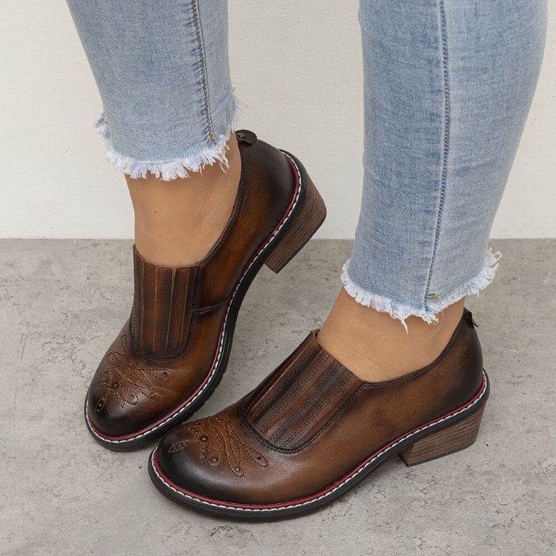 Socofy Cuir Véritable Rétro Confortable Élastique Slip-on Bout Rond Talon Bas Mocassins Chaussures